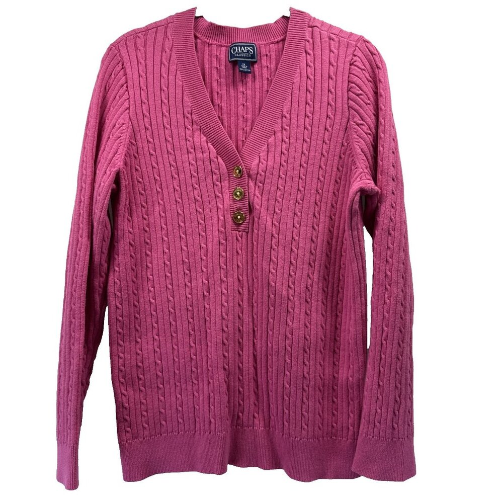 Chaps Classics Cable Knit Sweater Size 1X Barbie Pink V Neck Long Sleeve Buttons